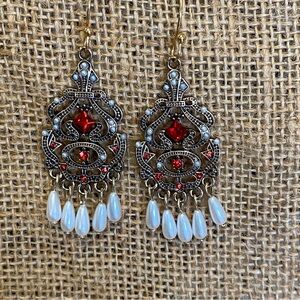 Hand made dangle earrings with red silver blue and gold and pearls 1.5”